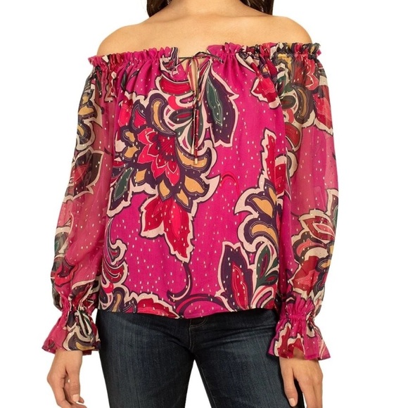 Trina Turk Silk Pink Floral Blouse Gold Metallic Detail SZ XL - Picture 1 of 9
